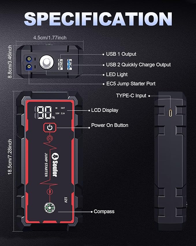 5000A Jump Starter Car Battery Jumper Starter Portable with Jumper Cable, Quick Charge Power Bank, 3 Modes Flashlight, Compass