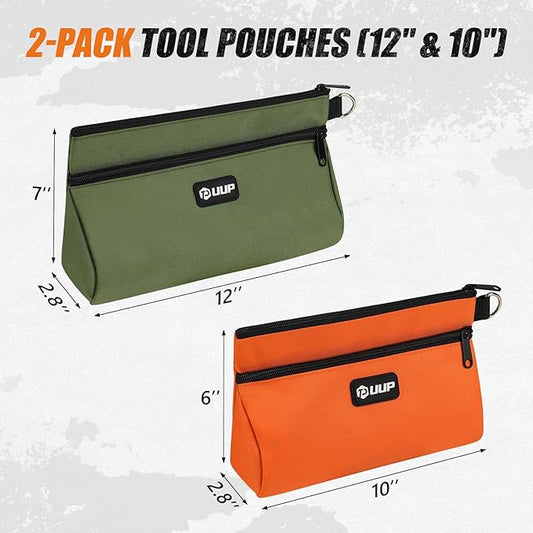 10"12" Small Tool Bag with Zipper,2 Pack Heavy Duty Tool Pouch with Two Compartments,Utility Toolbox Storage Organizer for Electrician Mechanic, Gift for Men Dad, Orange/Green