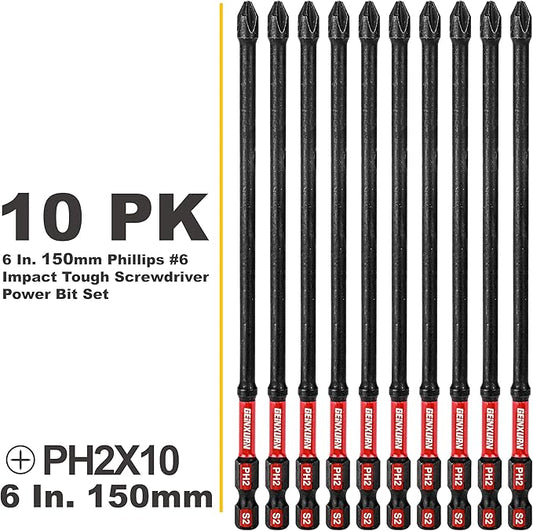 Impact Tough #2 Phillips 6 in. D2 Steel Long Extension Insert Driver Bits,10Pack 1/4 Inch Hex Shank Long Cross Magnetic PH2 Screwdriver Bits Set