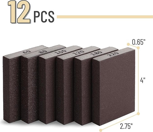 Bates- Sanding Sponge, 12 pcs, 60/80/100/120/180/220 Grit Assortment, Washable and Reusable, Sandpaper Block, Sanding Blocks for Wood, Sanding Pad, Drywall Sanding Block, Drywall Sanding Sponge