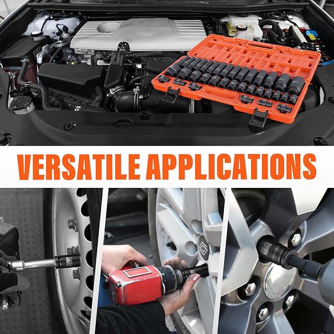 Hex Bit Socket Set 1/2 Drive,35 PCS Axle Nut Socket,Metric Shallow(8mm-32mm) & Deep(10-32 mm) Standard Sizes,CR-MO Alloy Steel for Auto Repair