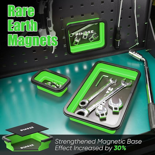 Collapsible Magnetic Parts Organizer Trays & 12" Flexible Magnetic Pickup Tool, 3 Different Size Magnet Tool Trays & Pick-Up Sweeper for Screw, Bolts, Nuts, Washers, Pins and Metal Parts, Green