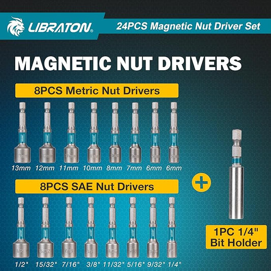 LIBRATON 24PCS Magnetic Nut Driver Set, Impact Drill Driver Bit Set 1/4", Metric and SAE Nut Drivers for Impact Drill, Impact Socket Adapters, Bit Holder, Screwdriver Bits, with Toolbox
