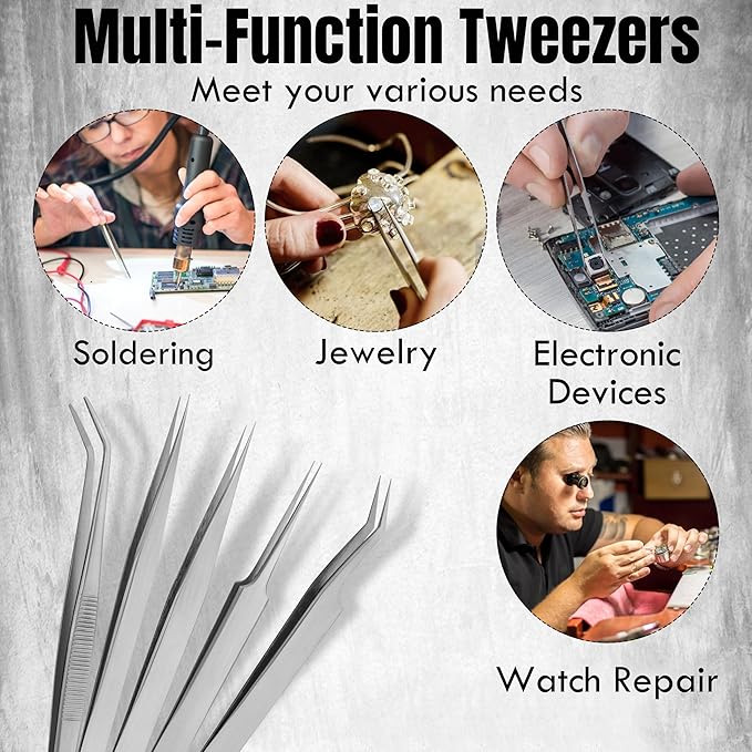 5 PCS Precision Tweezers set Upgraded Anti-Static Stainless Steel Heat Resistant, Curved, Jewelry, Electronics, Craft, Soldering, Experimental Work (5)