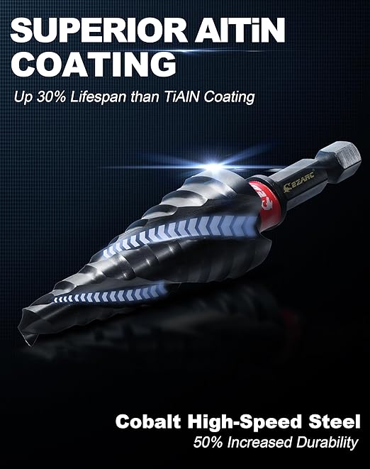 EZARC Step Drill Bit for Metal, M35 Cobalt Unibit Step Drill Bit Set 1/8"-7/8"(3pcs) Wear-Resistant AlTiN Coated, 1/4" Hex Shank for Metal, Stainless Steel, Aluminum, Plastic