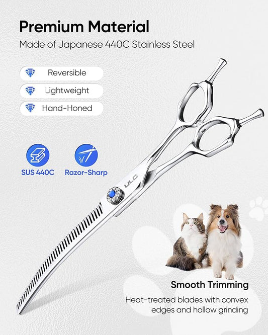 ULG Dog Grooming Scissors 40-Tooth 7.0??Curved Thinning Scissors Seamless 15%-20% Thinning Rate 440C Japanese Stainless Steel Tension Adjustable Left & Right Handed Pet Grooming Shears