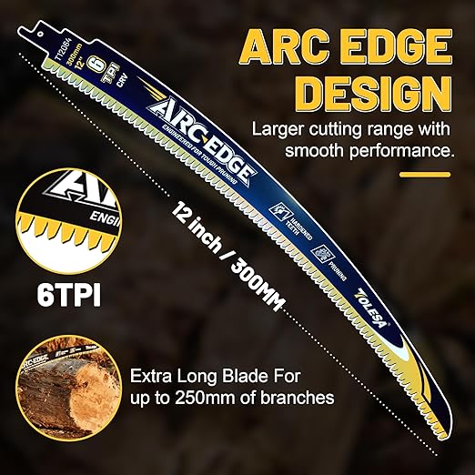 TOLESA 12in. Japanese Teeth Reciprocating Saw Blade, Arc Edge Wood Pruning Saw Blades 6TPI for Tree Trimming, Wood Cutting, Durable & Sharp, 3 Pieces