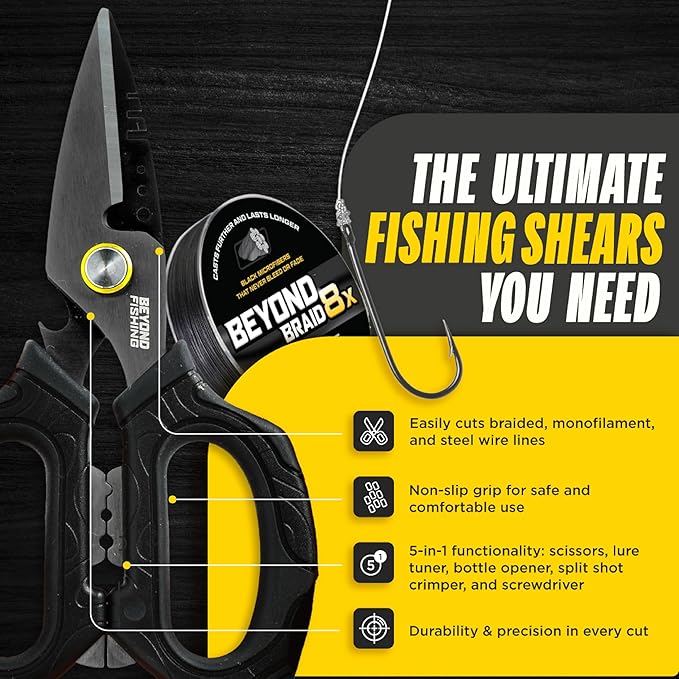 Beyond Fishing OmniPro Shears ??6.5??Multi-Function Fishing Scissors with Titanium-Coated Blades ??Cuts Braided Line, Monofilament, Fluorocarbon & Steel Wire ??Fishing Tool with Sheath