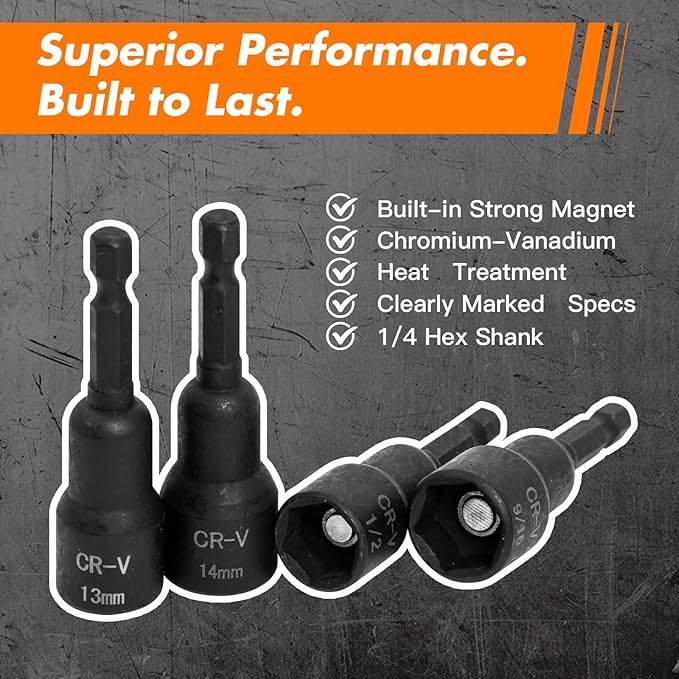 12-Piece Magnetic Nut Driver Set - Premium Impact Power Hex Nut Driver Drill Bit Master Kit, SAE & Metric, 1/4-Inch Quick-Change