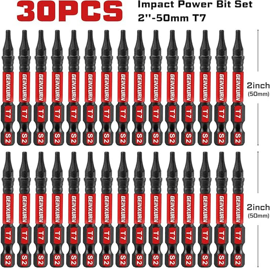30 Pieces T7 Impact Tough Magnetic Screwdriver Bit Set, 2 In. #7 Torx Head power Bit Set, S2 Alloy Steel T7 Star Bit