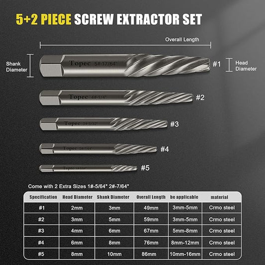 TOPEC Damaged Screw Extractor Set, 7 Piece Easy Out Bolt Extractor for Easily Remove Broken Bolts, Stripped Screws, Studs - Christmas Stocking Stuffers Gifts for Men