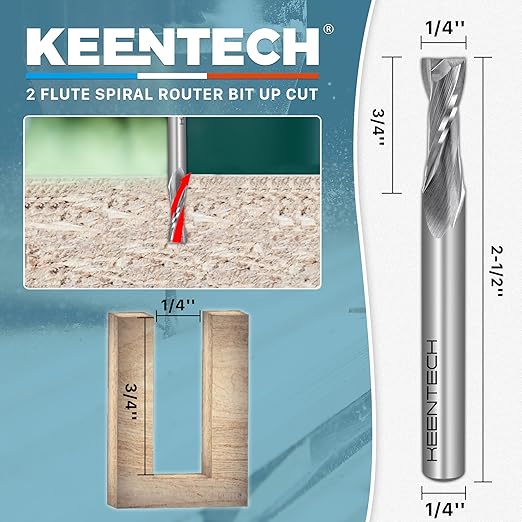 KEENTECH 1/4" Shank Upcut 2 Flute Flat Tip Sprial Router Bit for CNC Router Machine, 1/4" Cutting Diameter, 3/4" Cutting Depth, for Wood Cutting, Custom Furniture, Slot Mortise, Engraving, Carving