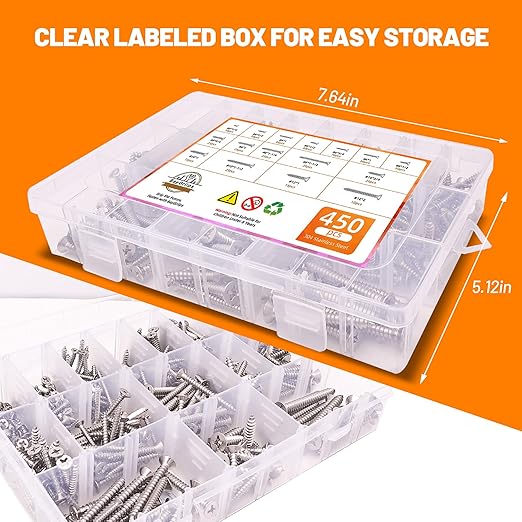 450-Piece Stainless Steel Wood & Sheet Metal Screw Assortment ??#4 to #12 Phillips Flat Head Self-Tapping Screws (1/4" to 2")