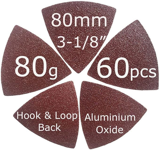 XXGO 60 Pcs 80 Grits 3-1/8 Inch 80mm Triangle Oscillating Tool Sanding Paper for Wood Sanding XG802080