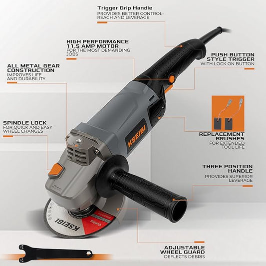 KSEIBI Concrete Angle Grinder Machine 5-Inch, Metal Grinding Tools 11.5Amps (1400 watt) with Safety Guard, Diamond Cup Wheel, Dust Shroud, and Carry Bag