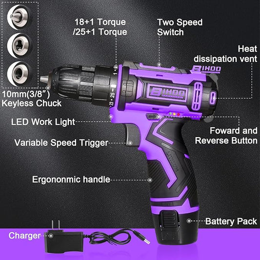 Purple 12V Cordless Drill,Electric Power Driver Kit,3/8-Inch Keyless Chuck, Variable Speed,with Drills Bits Set for Home DIY