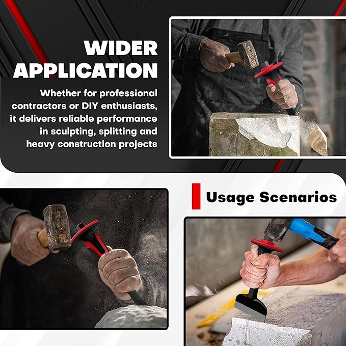 C&T 3Pcs Heavy Duty Masonry Chisel Set with Hand Guard, Stone and Rock Chisel, Rock Chisel Set, Stone and Rock Tool for Breaking, Splitting and Cutting- Professional Masonry Tools