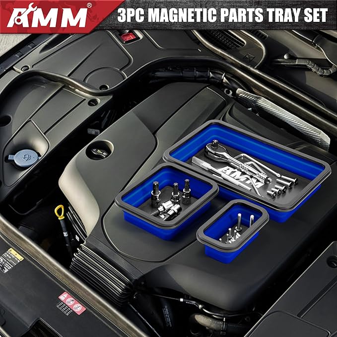 AMM Foldable Magnetic Parts Tray Set, 3 Different Size Magnetic Tool Trays for Bolts Screws Nuts & Small Metal Parts, Mechanic Tool Present for Men竊똁lue