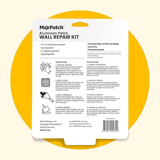 MaxPatch짰 Drywall Repair Kit, 4-Piece Set ??Includes Self-Adhesive Aluminum Patch, 8 oz Spackle, 100% Recycled 3" Putty Knife, and Sanding Sponge ??Multi-Purpose Wall Repair for Drywall, Plaster