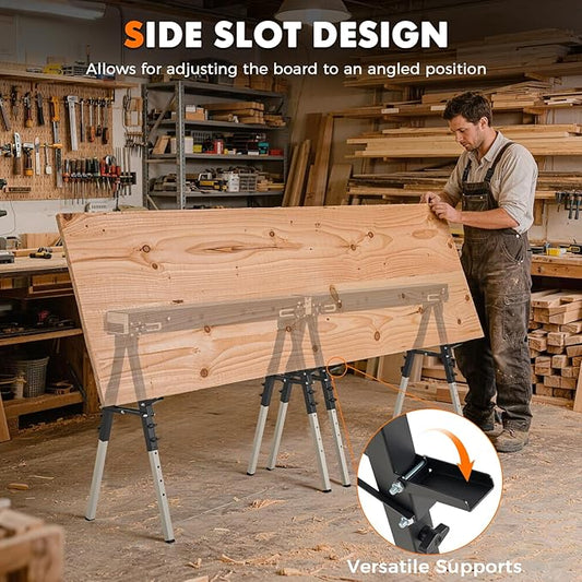 2 Pack Heavy Duty Folding Sawhorse Pair, Adjustable Height & Legs, Portable Metal Saw Horses with 2600 LBS Load Capacity, Portable Folding and Fast Open Legs and Easy Grip Handle for Woodworking.