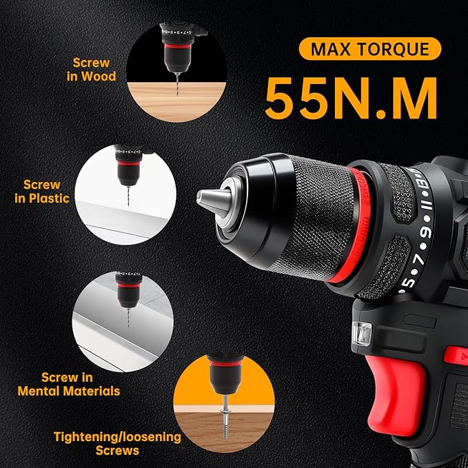 XCMG Cordless Hand Drill, 16.8V Brushless Motor, 3/8 Inch Keyless Chuck, Built-in LED Light, 20+1 Torque Adjustment, Dual Batteries for Long-Lasting Operation