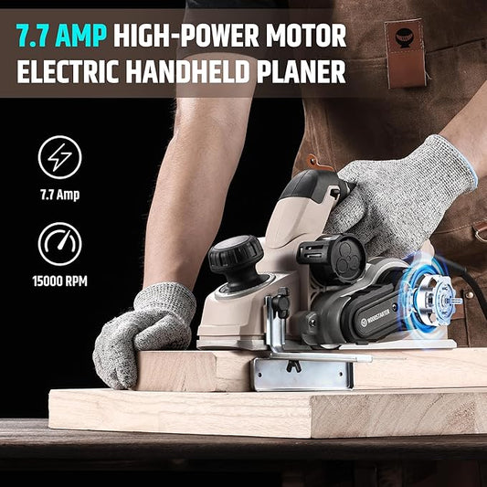 Corded Electric Hand Planer, 7.7 AMP 15000 RPM Power Wood Planer with Edge Guide and Dust Bag, 3-1/4 Inch Planing Width, for Wood Chamfer DIY, Smooth Finish Carpentry