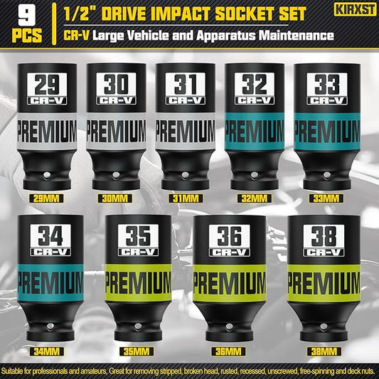9 Piece 1/2" Drive Impact Socket Set, Metric Axle Nut Sockets, 29-38mm Thicker Jumbo Sockets, Socket Set, 6 Point, Cr-V Steel for Auto Repair