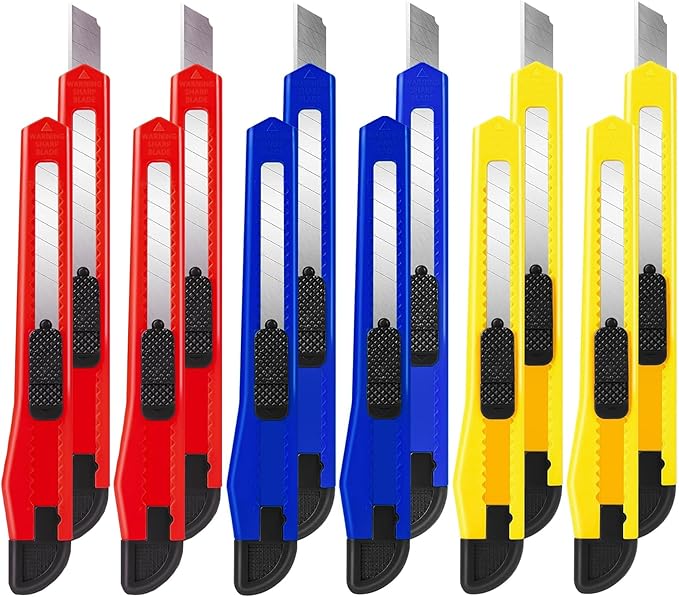 Utility Knife Box Cutters, 12 Pack Bulk Retractable Razor Knife Set with 9mm Snap-Off Blades, Compact Safety Cutters for Cardboard, Office, Crafts, Paper, Home, and Packaging, Multicolor