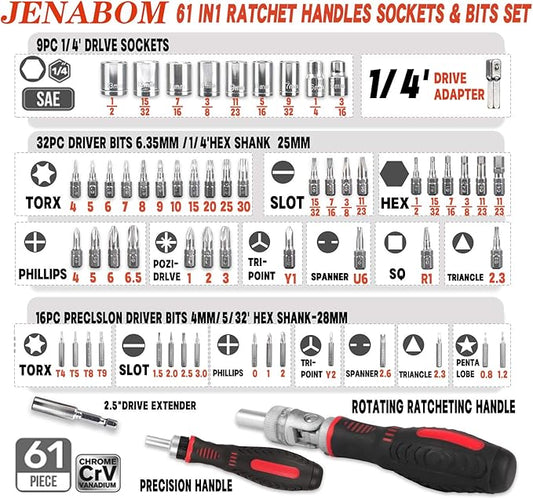 61 in 1 Ratcheting Screwdriver Set, Magnetic Screwdriver Bit Set with Rotatable Ratchet Handles, Sockets & Bits, Household Repair Tool Kits for Computers, Electronic Devices, Furniture