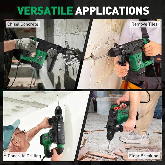 1-1/4 Inch Rotary Hammer Drill with SDS-PLUS Bits: 13Amp 7.0J Rotomartillo, SDS Hammer Drill for Concrete Demolition Chipping, 4 Functions, 6 Speed, 3 Drill Bits & 2 Chisels