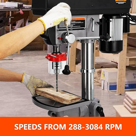 13 In Floor Drill Press, 7.5 Amp 120V Pure Copper Motor, 288-3084 Rpm Variable Speed Cast Iron Bench Drill Press, 0-45° Tilting Worktable, Tabletop Drilling Machine for Wood Metal