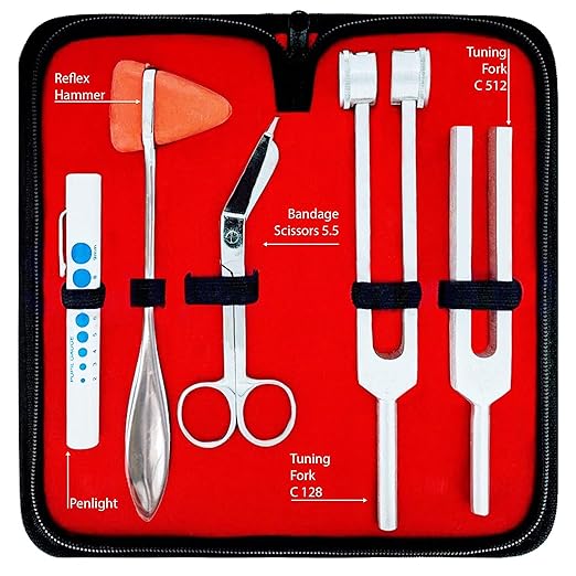 Diagnostics Kit - Percussion Taylor Reflex Hammer + C 128 & C 512 Tuning Forks + Bandage Scissors + Pupil Gauge Pen Light in Carrying Case - 6 Pieces Set - Silver