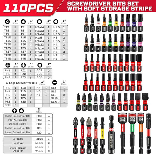 Impact Screwdriver Bits Set, 110 Pieces 1/2??Magnetic (PH/TORX/HEX/PZ/SQ/SL) S2 Steel Multi Power Insert Driver Bits and Socket Adapter, Nut Driver, Bit Holder with Colorful Organizer Sleeve