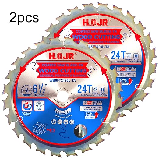 2-Pack 6-1/2" 24-Tooth Arbor 5/8" Woodworking Circular Saw Blade,Framing/General Purpose,Special Anti-Thermal Adhesion Coating on Cutting Edge-TA,High Finish, Long Life,6-1/2" 24T 5/8"