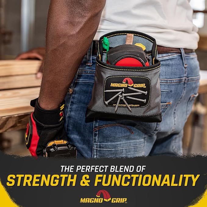 MagnoGrip 3-Pocket Nail Pouch with Integrated Magnetic Storage - Durable 1680D Ballistic Polyester, Magnetic Interior & Exterior, Tool Belt Compatible, Construction Pouch for Carpenters & DIY Projects