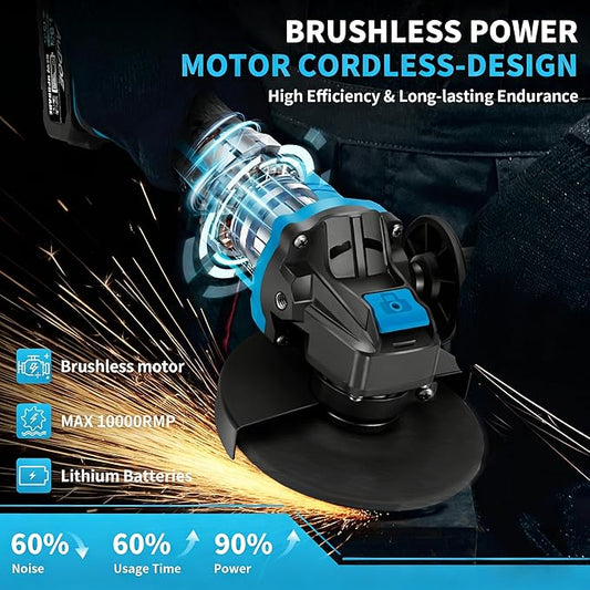 5" Cordless Angle Grinder Kit, 21V Brushless Power Grinders Tool with 2 x 4.0Ah Battery, 125MM, 10000 RPM Electric Metal Cut Off Tool with 8 Cutting Disc for DIY, Cutting, Grinding, Polishing