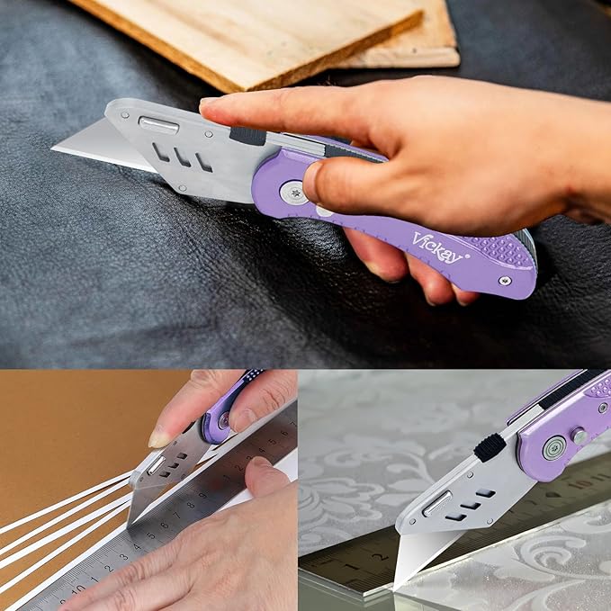 Vickay Folding Utility Knife, Box Cutter with 5 SK5 Quick Change Blades, Safety Axis Lock Design Razor Knife, Lightweight Aluminum Handle Belt Clip for Office Home Artcraft 竊뉽ight Purple)