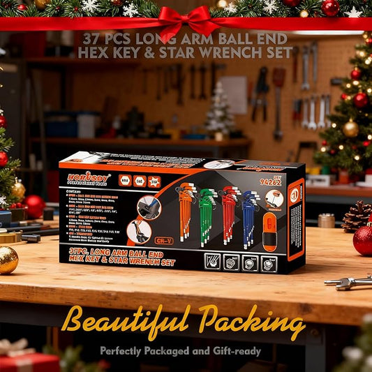 HORUSDY 37PCS Hex Key Allen Wrench Set, SAE & Metric Star Long Arm Ball End Hex Key Set, Industrial Grade Allen Wrench Set with Another Torque Handle