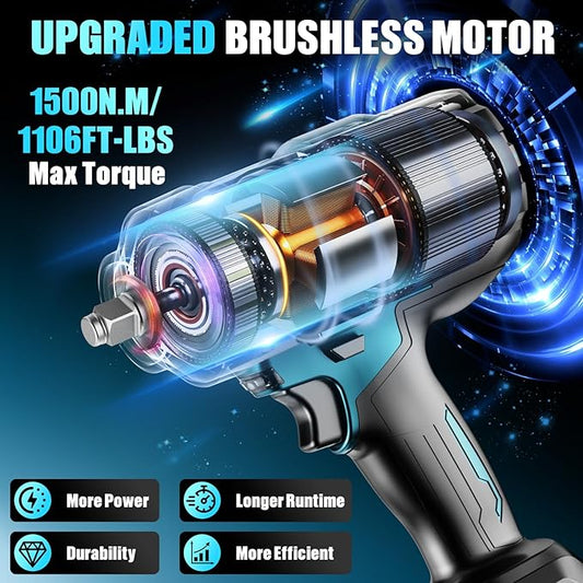 1/2" Cordless Impact Wrench, 1106Ft-lbs (1500N.m) Brushless Impact Gun, 2x4.0Ah Batteries, Max 4200RPM with Reverse Auto-Stop & LED Light for Car Truck Lug Nuts, Auto Repair, Industrial & DIY