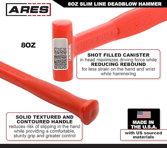 ARES 23049 – 8oz Slim Line Deadblow Hammer – Heavy Head Delivers Powerful Striking Force – Slim Profile Head Design for Greater Impact Accuracy - Made in USA