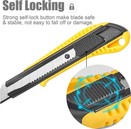 DOWELL Box Cutter Utility Knife Retractable Snap Off Blades Hobby Knife 3 Pack for Cutting Cardboard Boxes Leather (Yellow)