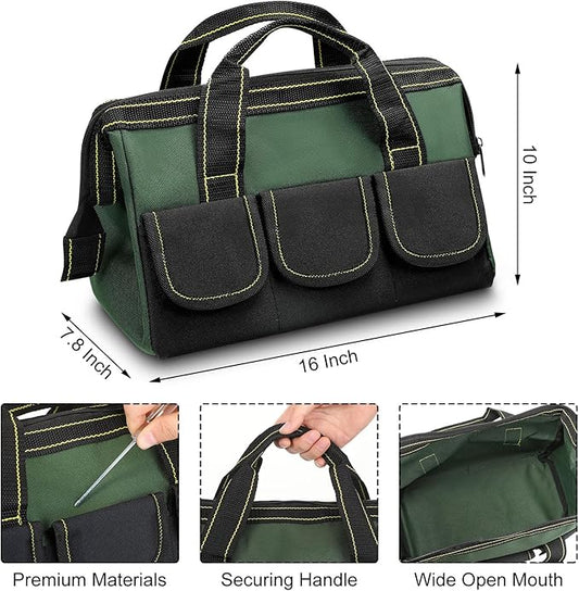 Sanwuta 3 Pack Tool Bag for Men with Waterproof Hard Bottom, Heavy Duty Tool Bag Wide Mouth Tote for Various Instrument, Electrician Carpenter Mechanic(Red, Army Green, Blue,16 Inch,Classic)