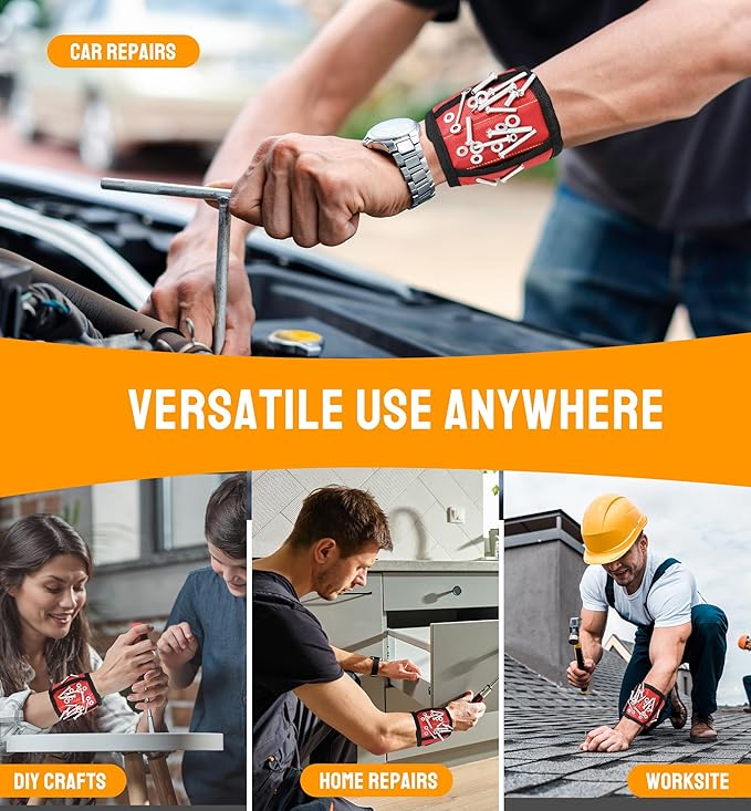 HiRui Magnetic Wristband for Tools ??Ultra-Strong 15 Neodymium Magnets Hold Screws, Nails & Bits, Dual Pockets ??Hands?멑ree for DIY, Home Repairs, Auto ??Gift?멢eady for Dad, Husband, Grandpa (Red)