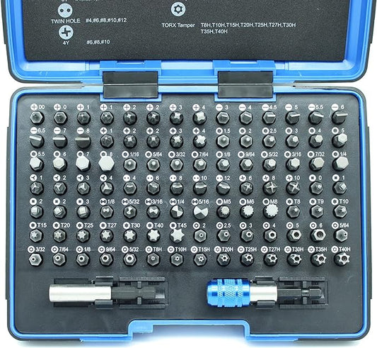 100 Piece Impact Ready Security Bits Screwdriver Set Kit with 2 Quick Chucks and Phillips, Torx, Slotted Flat, Pozi, Hex, Tri-Wing Pozi Clutch, Spline, Square, Spanner, TORQ-Set, Torx Tamper Bits