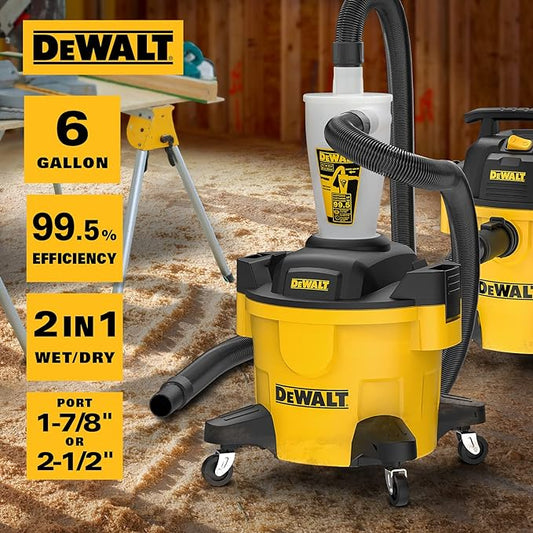 DEWALT Dust Separator with 6 Gallon Poly Tank, 99.5% Efficiency Cyclone Dust Collector, High-Performance Cycle Powder Collector Filter, DXVCS002, Yellow
