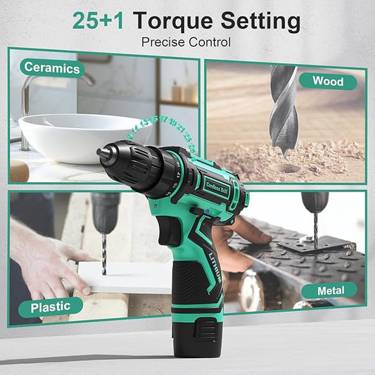 Cordless Drill Set,12V Power Drill Driver 3/8" Keyless Chuck with 92 Acessories, Built-in LED Light, 25+1 Position, Electric Drill for Home DIY Projects(Cyan)