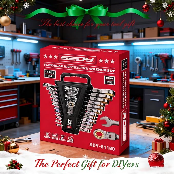 SEDY Premium 12-Piece SAE Flex-Head Ratchet Wrenches Set 1/4"-7/8" with Magnetic Organizer, Cr-V Steel Ratcheting Wrench Set with 72 Teeth 180째 Flex Head, Ratchet Combination Wrench Set for Repair