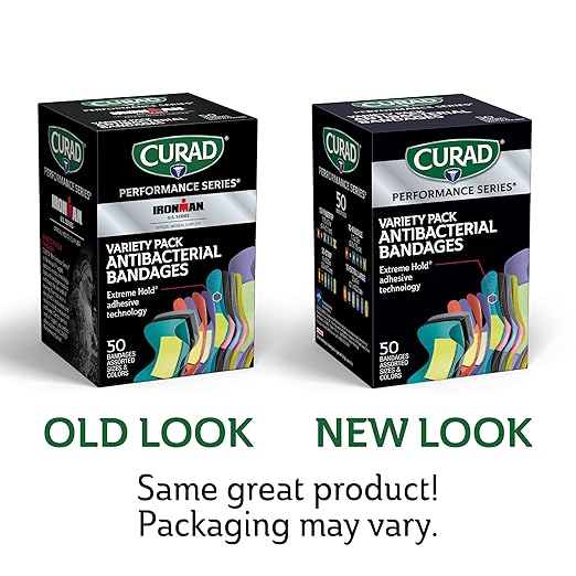 CURAD Performance Series Antibacterial Bandages, Extreme Hold Adhesive Technology, Finger & Knuckle Bandages, Flexible Fabric, Variety Pack with Assorted Sizes & Colors, 50 Count