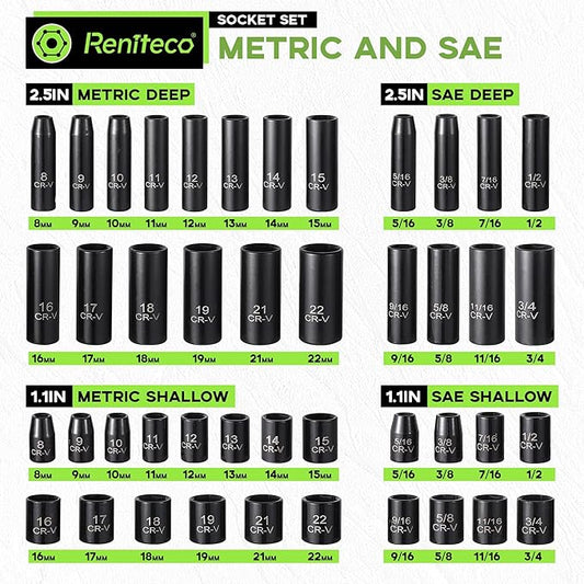 56-Piece 3/8" Drive Socket Set, SAE (5/16"-3/4") & Metric (8mm-22mm), Deep & Shallow, Ratchet Handle, Extension Bars, Adapter, Universal Joint, Power Drill Adapters, Spark Plug Sockets, CR-V