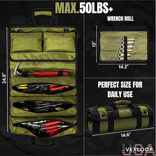 Tool Roll Bag Organizer Aluminium Buckle Heavy Duty | 1680D Oxford Mechanic Wrench Pouch for Truck & Car | Overland Gear Storage for Truck & Jeep | Roll Up Tool Bag Organizer (Green color)
